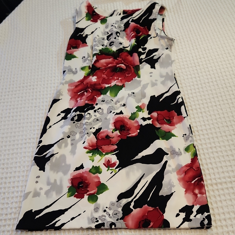 White Sleeveless Floral Shift Dress with Black Brushstroke Accents Sz 10
